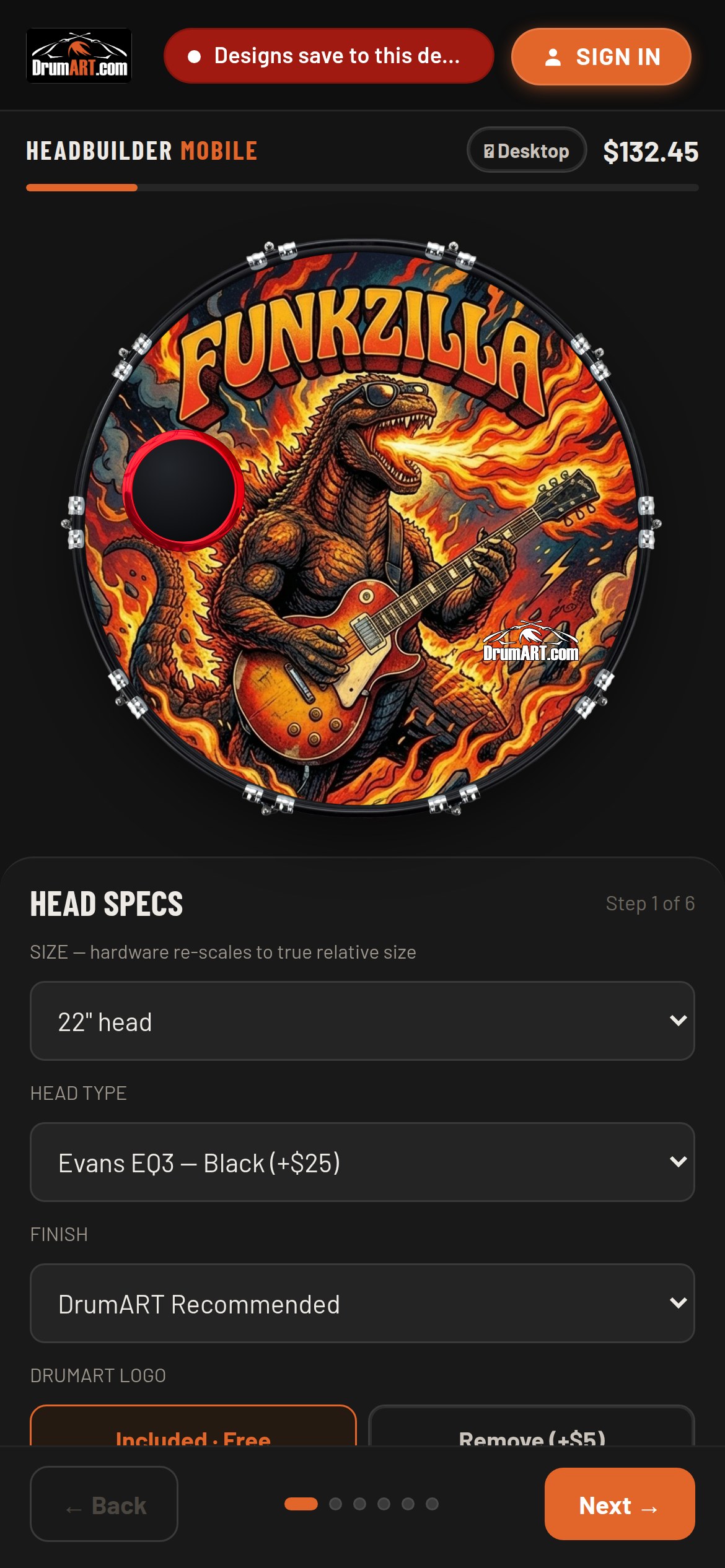 HeadBuilder Mobile on a phone showing the Head Specs step