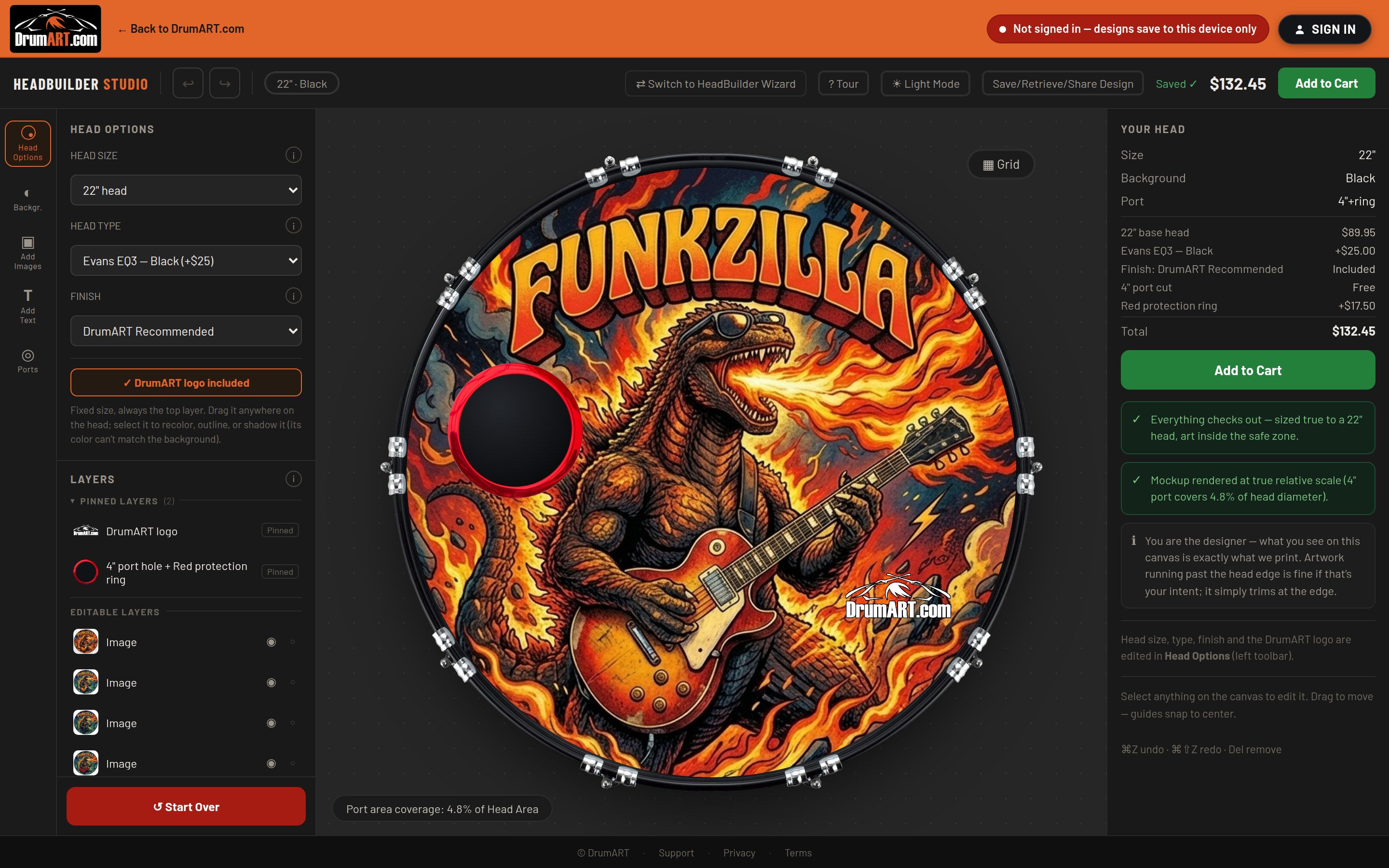 HeadBuilder Studio with the Add Images drawer open and a crest placed on the head