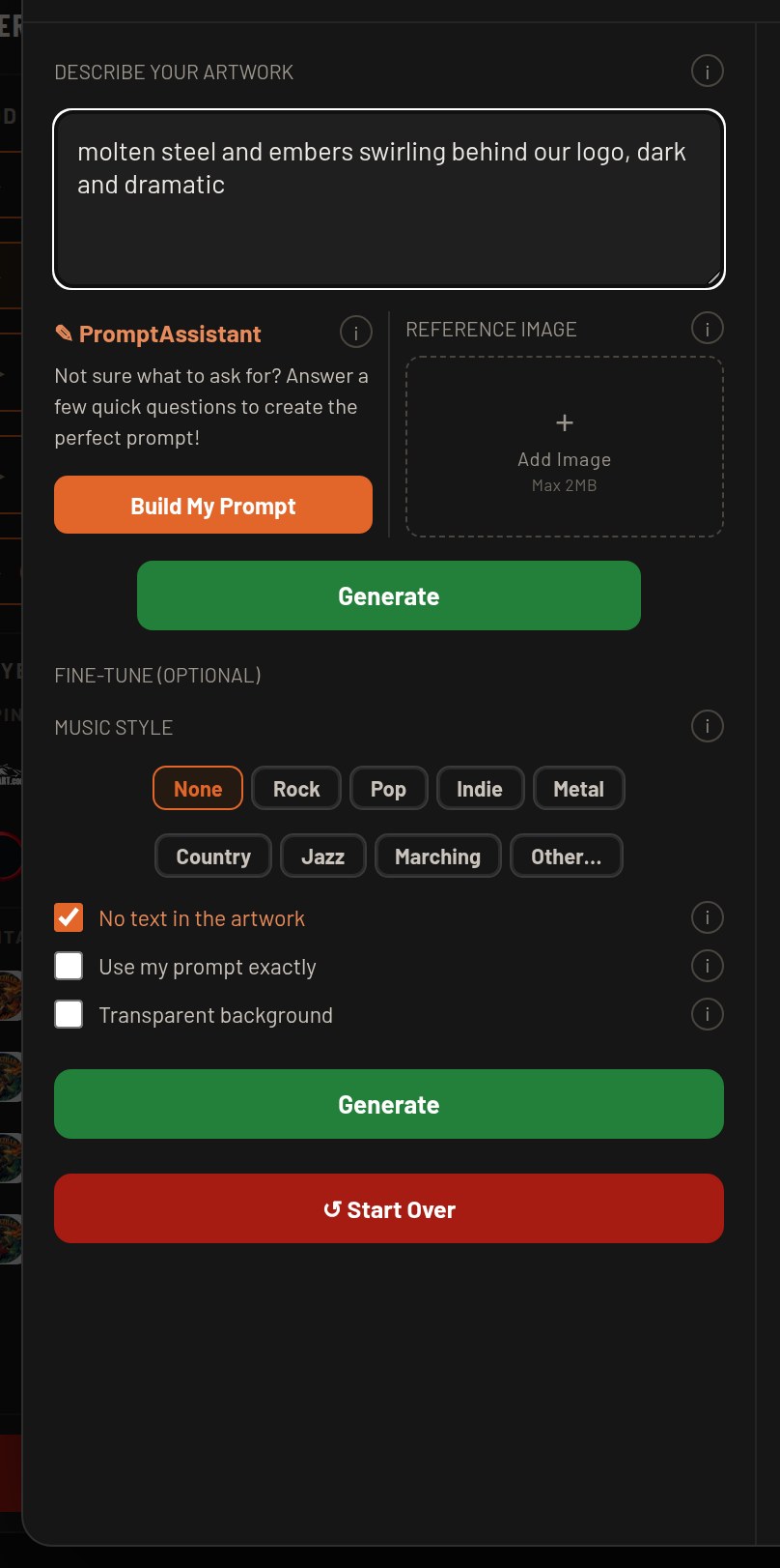 The Describe Your Artwork box with a description typed in