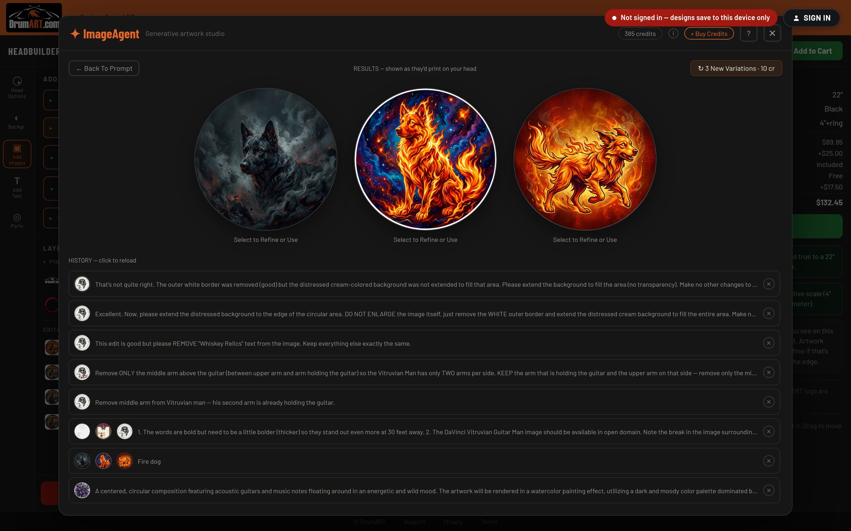 The ImageAgent results view showing three generated variations