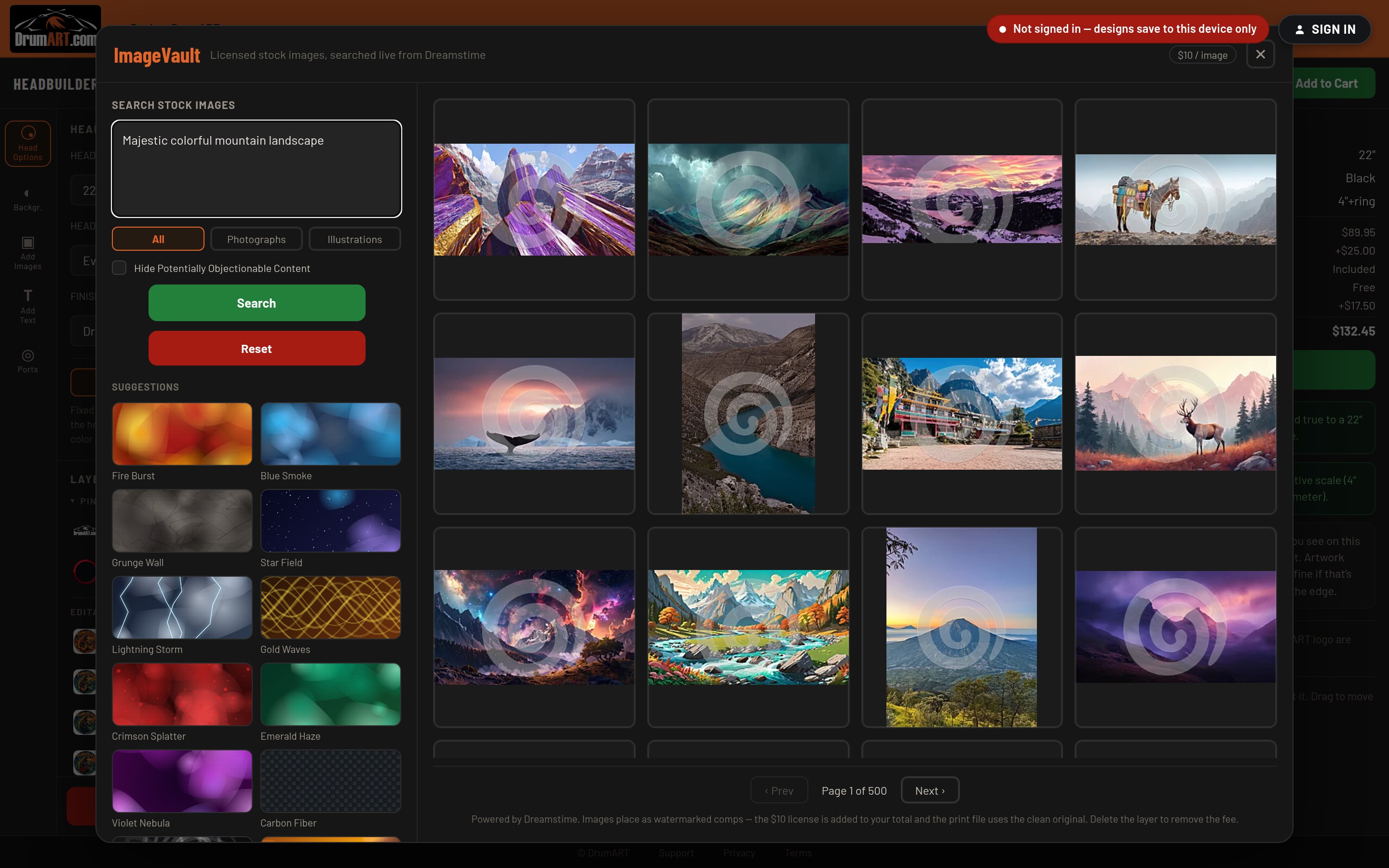 ImageVault search results showing watermarked stock images