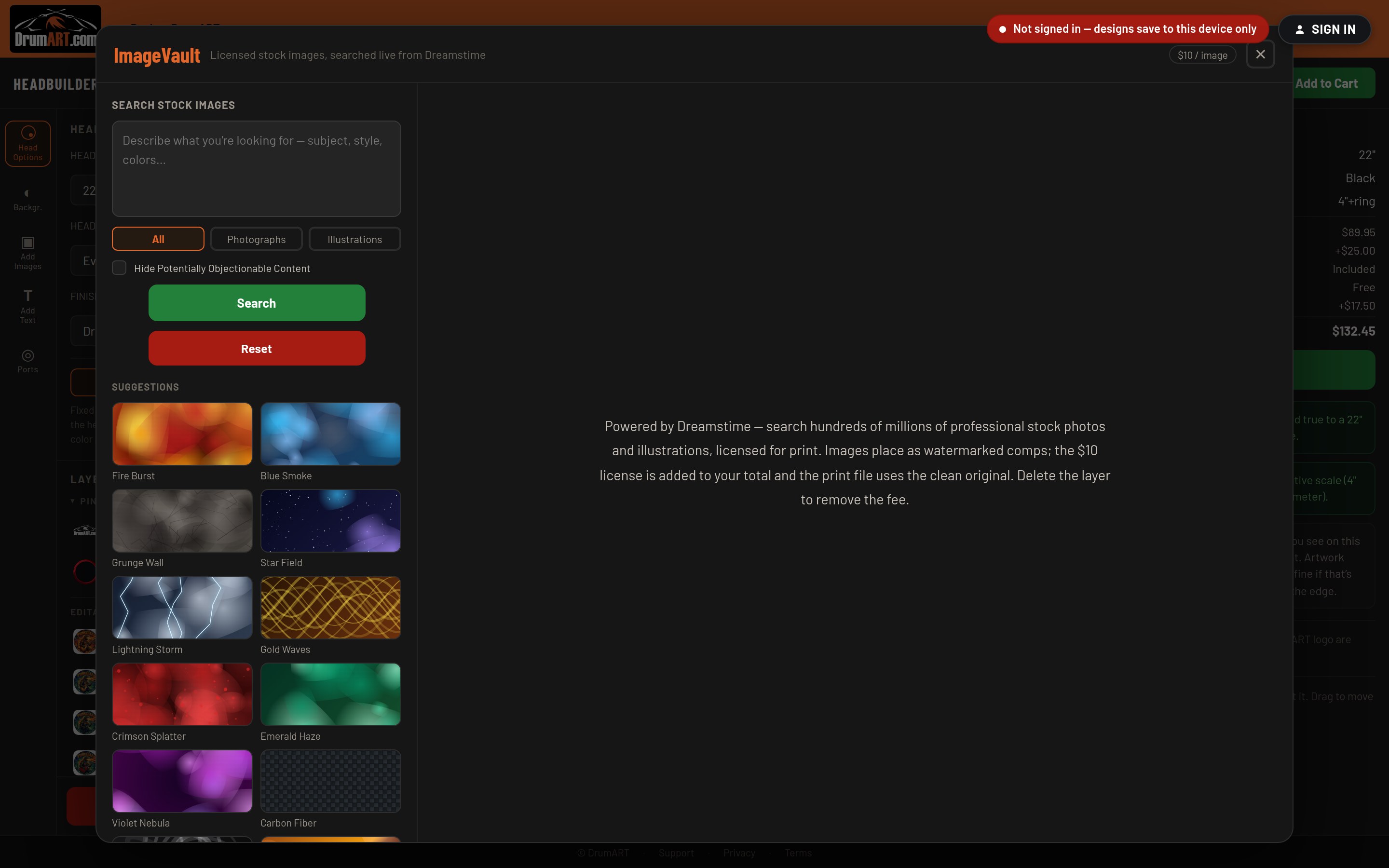 The ImageVault search panel with suggested textures and backgrounds