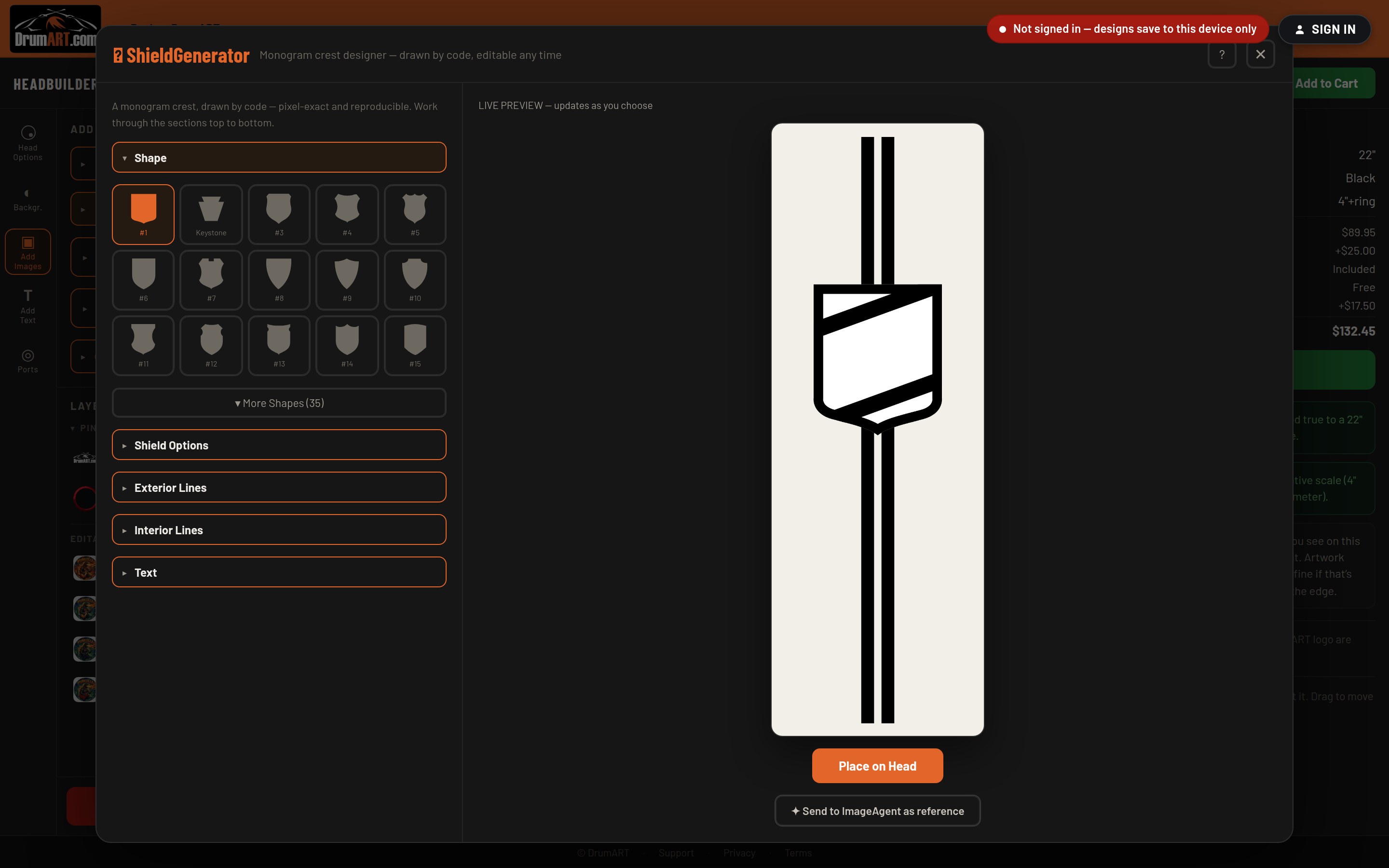 The ShieldGenerator panel showing the shield shape picker and Live Preview
